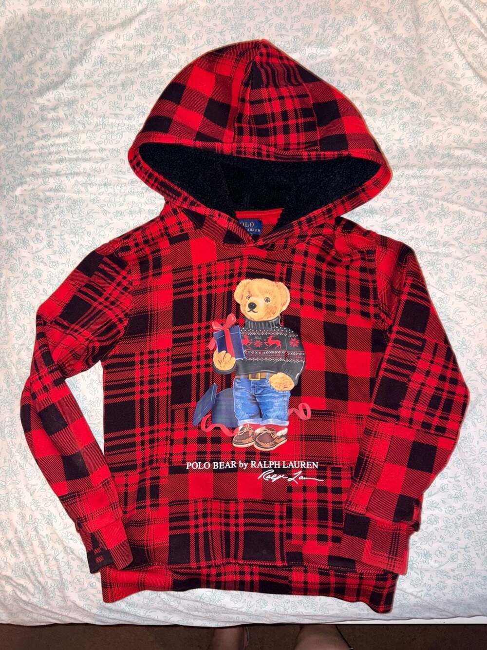 Polo Ralph Lauren Toddler Boys Red Black Plaid Polo Bear Fleece Hoodie Size 7